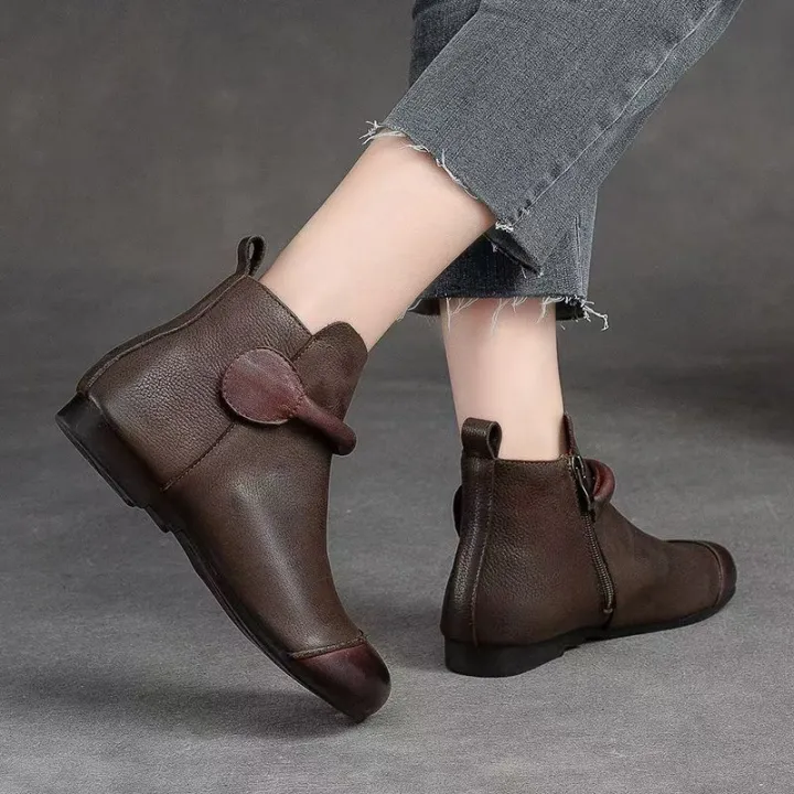 Retro Women Short Ankle Boots 2024 Autumn Winter Faux Cow Leather Slip-on Shoes Handmade Round Toe Light Weight Flat Booties