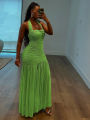 Nibber See Through Hem Dress Women Ruched Halter Summer Trend Sleeveless Backless Patchwork Midnight Clubwear Party Maxi Bodycon.