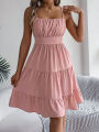 Casual Vacation Ruffled Camisole Dress Spring Summer Women's Solid Dresses for 2026 Valentine's Day Woman Clothing Pink Blue. 