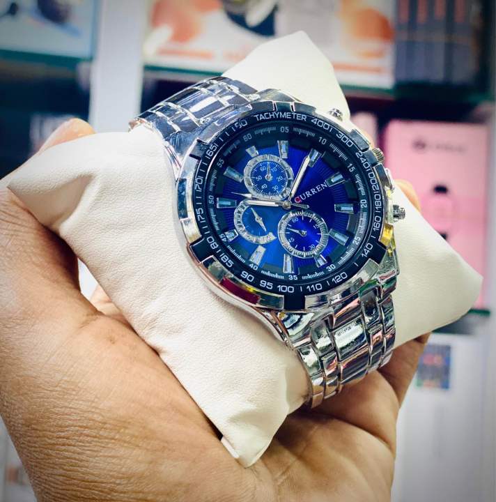 Stainless Steel Luxury Men Watch Quartz Analog Business Chain Casual Wrist blue Dial Watches For Boys and Gents