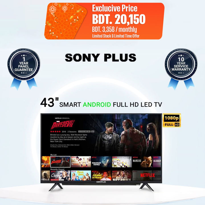 SONY PLUS 43 android version 11 Ram 2GB/16GB SMART HD TV with Free Delivery
