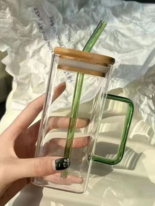 Glass Mug with Bamboo Lid & Green Straw – Transparent Square Shape ...
