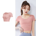 Slim Solid T Shirts for Women with Chest Pads Yoga T Shirts Gym Trainning Running High Elastic Fashion Knit Fitness Short Sleeve.