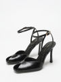 Chic Square-Toe Leather Peep-Toe Slingback Stiletto Heels, Stylish Fashion Footwear.