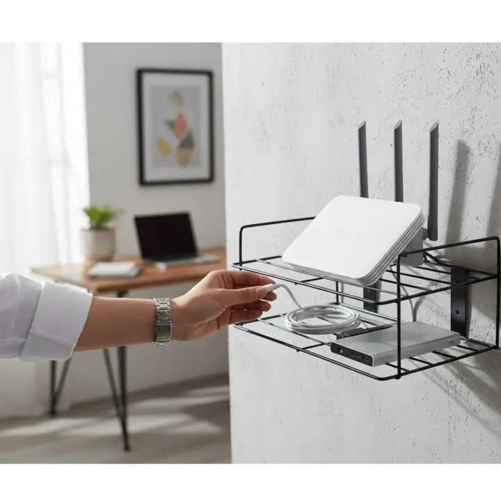 Internet Router Holder Floating Black Metal Wire Wall Mounted Router Shelf, Space Saving ...