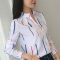 Women White Tops Blouses Fashion Stripe Print Casual Long Sleeve Office Lady OL Shirts Slim Blusas DF4970. 