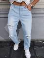 Men's Light Blue Ripped Jeans for Spring and Autumn. Casual Denim Trousers. Street Ripped Daily Casual. 