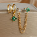 3PCS New Fashion Four Zircon Flower Hoop Earring Set For Women Stainless Steel Double Stud Chain Piercing Jewelry. 