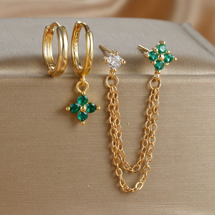 3PCS%20New%20Fashion%20Four%20Zircon%20Flower%20Hoop%20Earring%20Set%20For%20Women%20Stainless%20Steel%20Double%20Stud%20Chain%20Piercing%20Jewelry%20-%20Image%206
