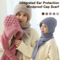 Winter Knitted Integrated Hat Scarf Set Cold Proof Ear Protection Scarf Warm Beanies Cycling Windproof Ladies Outdoor Caps.