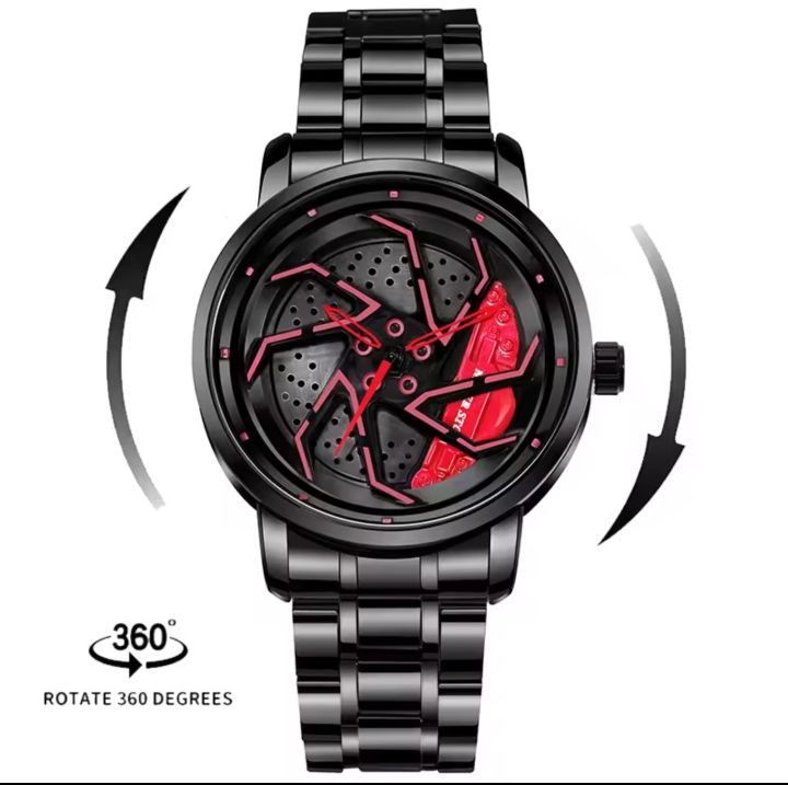360 Degree Rotatable Rim Watch for Men - Trending Car Wheel Design Wrist Watch - Stainless Steel Waterproof Quartz Watch for Boys - Luxury Sport Wheel Rotation Watch - VibeMotion Original