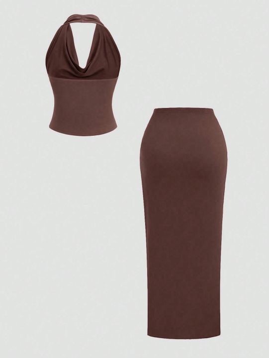 New%20Fashionable%20and%20Elegant%20Hanging%20Neck%20Top+Split%20Simple%20Solid%20Half%20Skirt%20Set%20-%20Image%202