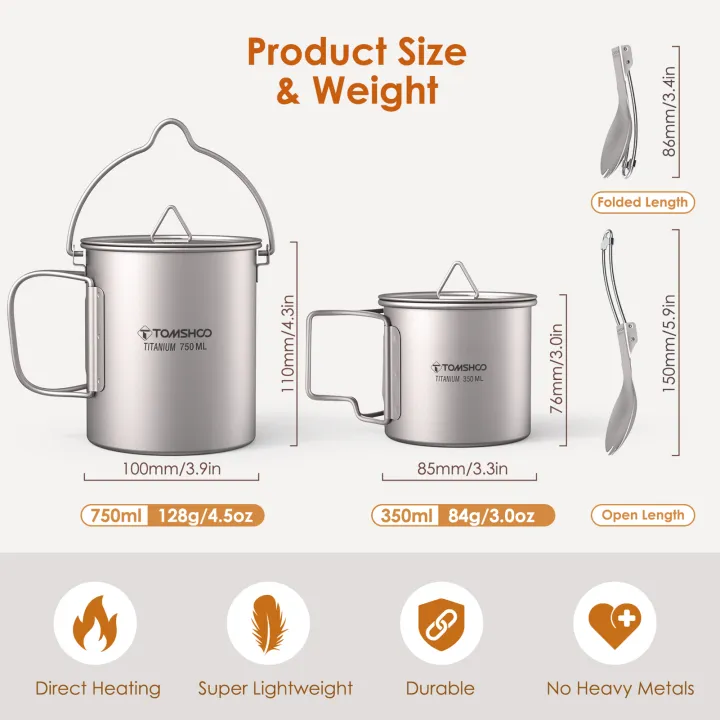 Tomshoo%203%20PCS%20Titanium%20Cookware%20Set%20Ultralight%20750ml%20Pot%20450ml%20Water%20Cup%20Mug%20w%20Lid%20Folding%20Spork%20for%20Outdoor%20Camping%20Backpacking%20-%20Image%205