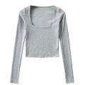 Women Ribbed Square Neck Crop Top With Long Sleeve.
