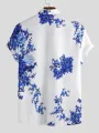 European and American Men's Printed Shirt Southeast Asian Casual ink Painting Plum Blossom Short Sleeved Lapel Shirt S-3XL. 