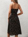 2024 Women Floral Print Spaghetti Straps Summer Boho Beach Dress Print Elegant  Suspenders Square Neck Slit Dress Vestidos. 