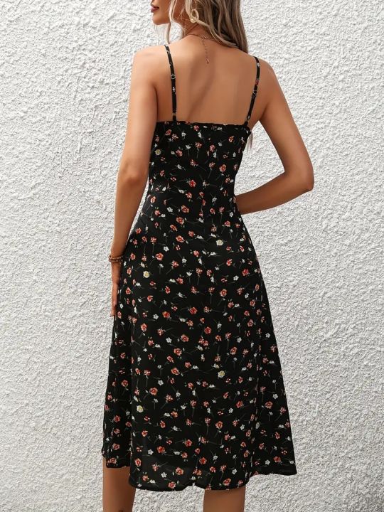 2024%20Women%20Floral%20Print%20Spaghetti%20Straps%20Summer%20Boho%20Beach%20Dress%20Print%20Elegant%20%20Suspenders%20Square%20Neck%20Slit%20Dress%20Vestidos%20-%20Image%202