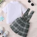 6-to 36-month-old newborn baby boys summer white lapel cardigan short-sleeved tie with plaid suspenders shorts gentleman suit. 