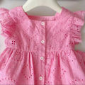 New Korean Style Girls' Summer Pink Cotton Suit Baby Hollow Small Flying Sleeve Top + Shorts Two-Piece Sweet Baby Girl Suit. 