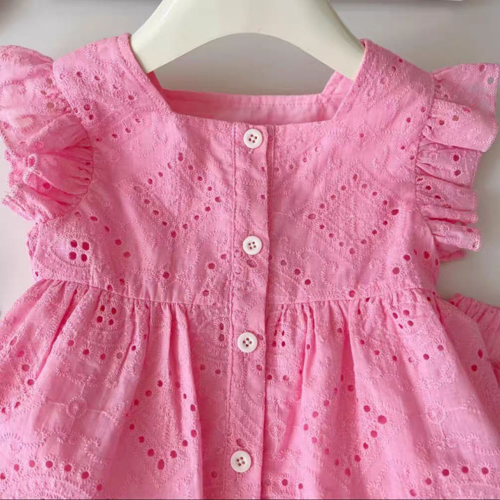 New%20Korean%20Style%20Girls'%20Summer%20Pink%20Cotton%20Suit%20Baby%20Hollow%20Small%20Flying%20Sleeve%20Top%20+%20Shorts%20Two-Piece%20Sweet%20Baby%20Girl%20Suit%20-%20Image%205