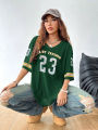 Summer New Black Enjoy Freedom 23 Print T-Shirt For Women V-Neck Short Sleeve Mesh Sports Football Jersey Y2K Oversized Tops. 