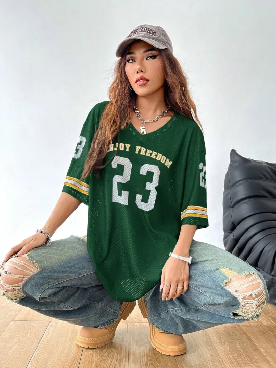 Summer%20New%20Black%20Enjoy%20Freedom%2023%20Print%20T-Shirt%20For%20Women%20V-Neck%20Short%20Sleeve%20Mesh%20Sports%20Football%20Jersey%20Y2K%20Oversized%20Tops%20-%20Image%204