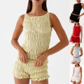 Women Summer O-neck Folds Tank Tops+Shorts Suit Sleeveless Slim Solid Tees Ruched Shorts Beach Style Fashion 2pcs Sets Outfits. 