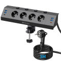 Eu Multi-plug power strip with desktop clamping device pull ring plug 4 USB-A and 2 USB-C ports single-control switch 2 m cable. 