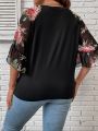 Women's Plus Size Floral Print Blouse, Casual Sheer Mesh Flare Sleeve Knot Front T-Shirt, Round Neck Loose Summer Top For Ladies.