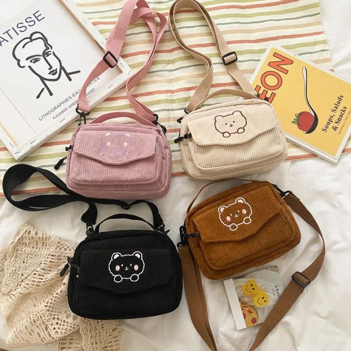 Cute Embroidered Bear Crossbody Bag Square Shoulder Bag Coin Purse For Girls Corduroy Crossbody Bag Student Shoulder Bag