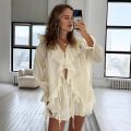 Casual Shorts Two-piece Set For Women Ruffled Loose Tie Top Simple Shorts Set OL Office Lady Summer Female Shorts Suit. 