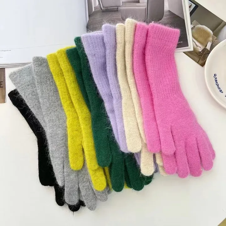 2024%20Female%20Elastic%20Full%20Fingers%20Gloves%20long%20Rabbit%20Wool%20Gloves%20Women%20Winter%20Mittens%20%20Solid%20Color%20Mittens%20Thicken%20Warm%20Gloves%20-%20Image%203