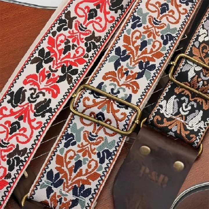 Miwayer Embroidered Guitar Strap Soft Vintage Flowers Adjustable Creative Watch Bands Cotton Belt & Leather Head
