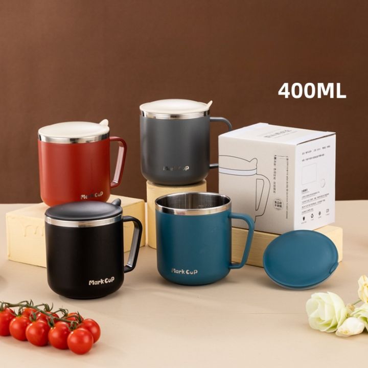 304 Stainless Steel Coffee Mugs Portable Cups Heat Insulation Anti-fall Thermos Mug Home with Cover and Handle 400ml Mug