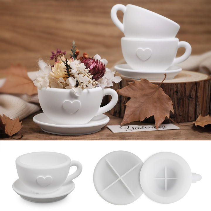 Teacup Tray Silicone Mold with Handle DIY plaster Heart Coffee Cup Saucer UV Resin Epoxy Mold Candle Cup Ceramics Mold Home Deco