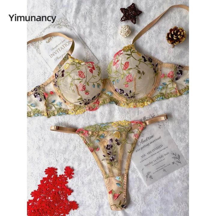 Yimunancy Floral Embroidery Lingerie Set Women Sheer 2Piece Boho Bra