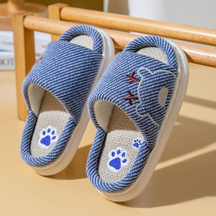 Children's Linen Slippers Spring Summer Autumn Indoor Cartoon PVC Bottom Kids Slippers Boys Girls Slip-On Shoes