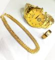 MEN'S FASHION WEDDING WATCH  DEAL TOP FASHION ORIGNAL RH  HIGH QUALITY GOLDEN LUXURIES STAINLESS STEEL ROUND DIAL WITH STAINLESS STEEL STRAPS WATCH WITH GOLDEN CHAIN BRACLET WITH TITANIUM STAINLESS STEEL GOLDEN RING FOR MEN AND BOYS. 