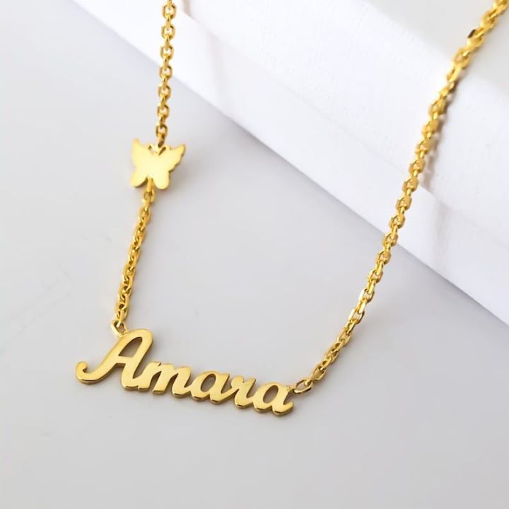 Gold Name Plate Necklace With Butterfly Personalized Name Necklace Multiple Name Necklace Chain Name Necklace for Women