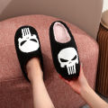 Punisher Skull Pattern Fashion Embroider Plush Home Thick-Soled Comfortable Woolen Cotton Slippers Personalized Warm Non-Slip Indoor Slippers for Men and Women Can Wear Halloween Christmas Gifts. 