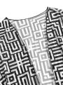 Women's Beach Summer Geometric Print Three-Piece Swimsuit Set with Long Sleeve Beach Cover-Up, Polyester Knit Fabric with Elasta.