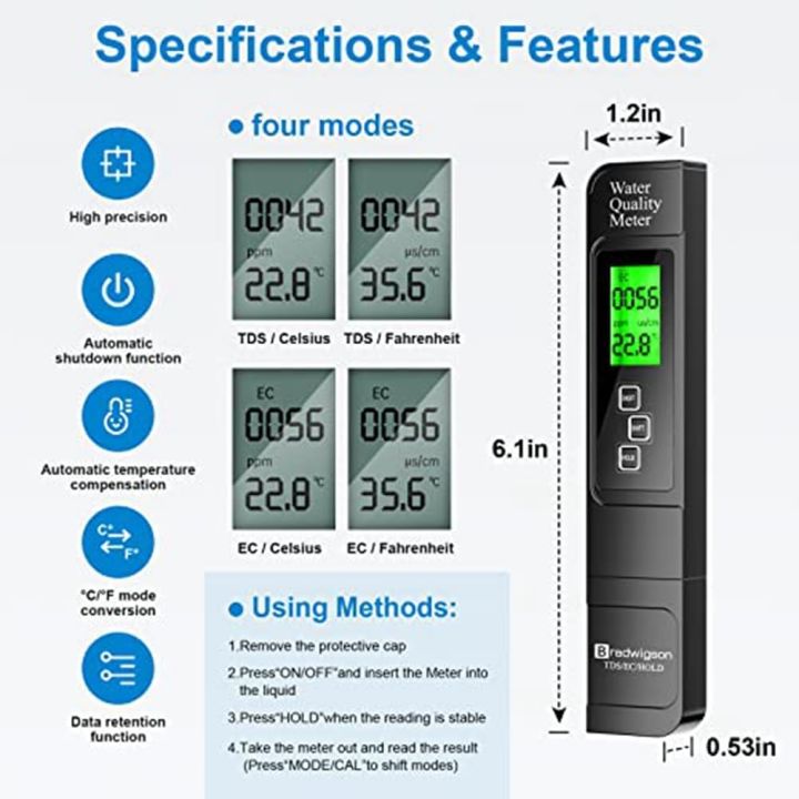 Black EC tds meterHigh‑quality probe, high sensitivity, anti‑rust, accurate measurement.
2. Easy to use, as long as it is placed in water, the TDS value of the water will be displayed immediately.
3. The whole adopts arc design, which is more comfortable