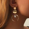 2 pieces of gold-color alloy circular pendant earrings, simple and elegant, high-end women's fashion earrings, vacation, tourism.