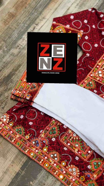 Sindhi Ajrak Traditional Dress Stitched Shirt Frock & Trouser crafted with Embroidery & Sequins for Girls by ZENZ Pakistani Traditional Wear Dress