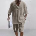 Men Shorts Set Summer Casual Knitted Two Piece Men's Clothing V-Neck Short Sleeve T-shirt and Shorts Streetwear Knit Outfits. 