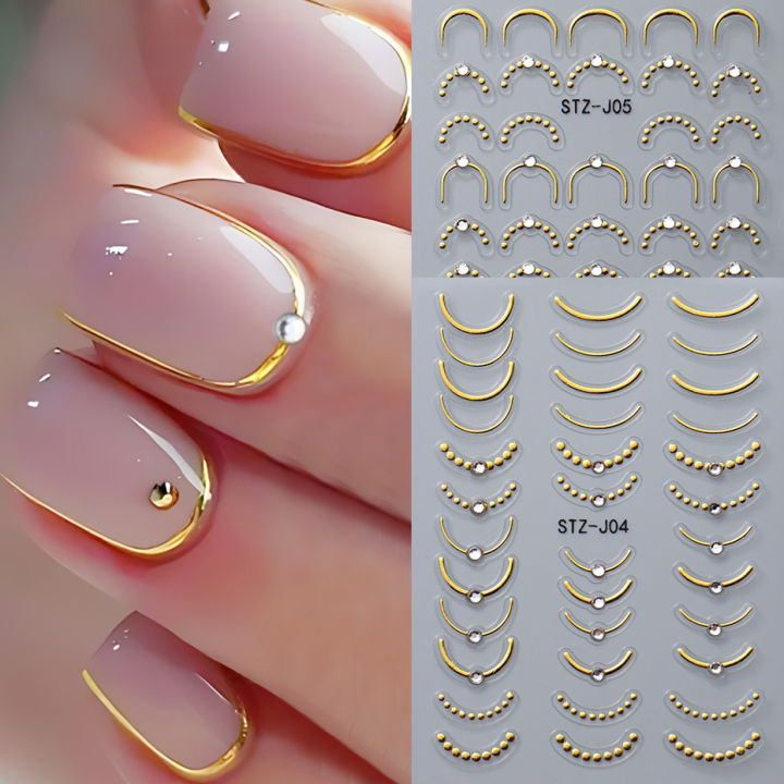 French Line With Rhinestones Nail Art Stickers Stripes Wave Metallic Relief Curve Japanese Design Nail Art Decals Manicure Decor