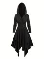 European and American Fashion Plus Size Long Sleeve Gothic Lace-Up Hooded Irregular Dress Pure Black Handkerchief Hem..