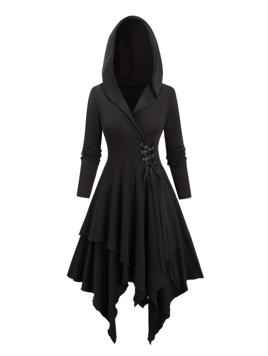 European%20and%20American%20Fashion%20Plus%20Size%20Long%20Sleeve%20Gothic%20Lace-Up%20Hooded%20Irregular%20Dress%20Pure%20Black%20Handkerchief%20Hem.%20-%20Image%203