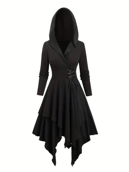 European%20and%20American%20Fashion%20Plus%20Size%20Long%20Sleeve%20Gothic%20Lace-Up%20Hooded%20Irregular%20Dress%20Pure%20Black%20Handkerchief%20Hem.%20-%20Image%203