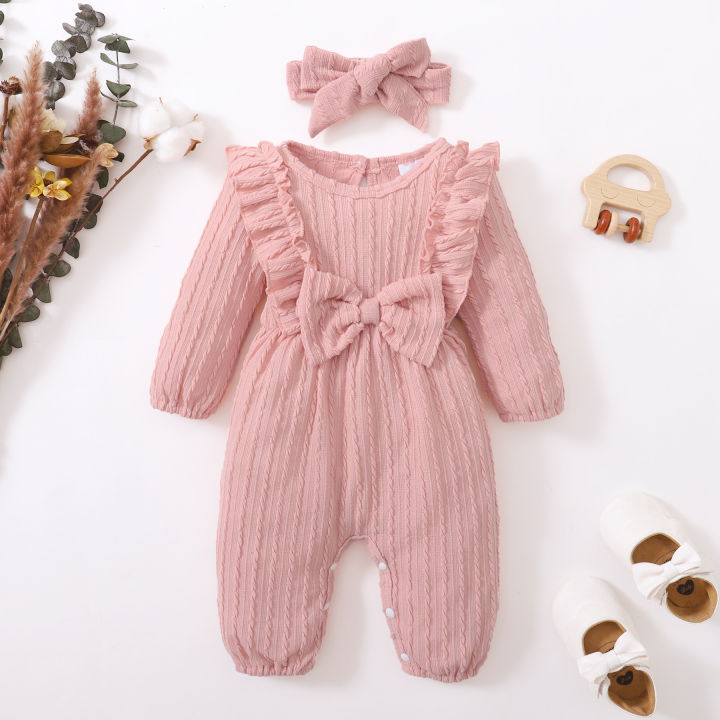 Newborn%20Bodysuit%20Round%20Neck%20Twisted%20Stripes%20Bowbaby+Headband%20Fashion%202Pcs/Set%20%200-18%20Months%20Baby%20Girl%20Spring%20And%20autumn%20Jumpsuit%20-%20Image%203